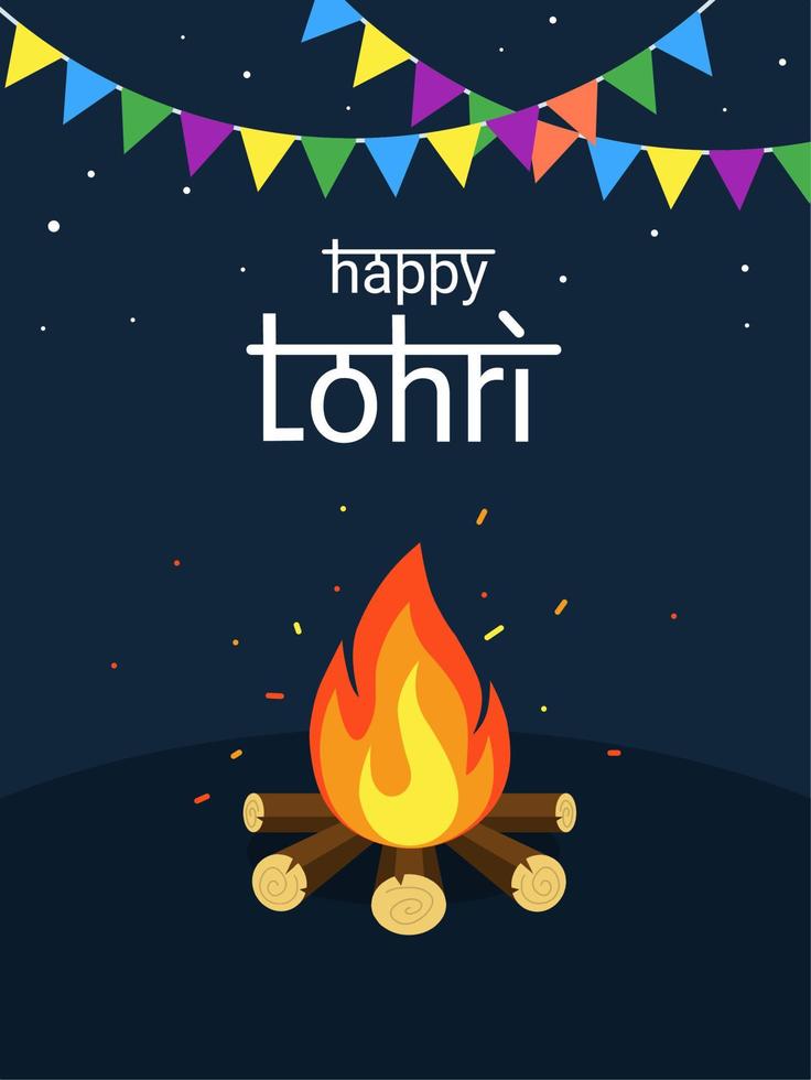 vector typografie, happy lohri Indiase schrijfstijl, met vreugdevuur en donkere nacht achtergrond, als banner, wenskaart of flyer, happy lohri festival.