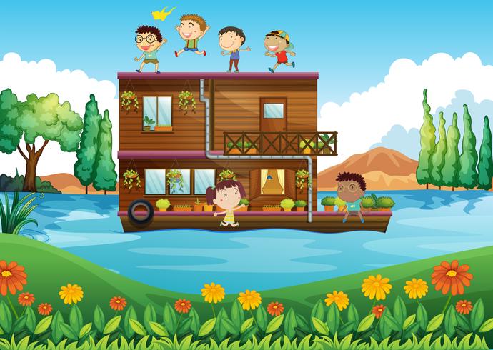 Een houten huis in het midden van de rivier met kinderen vector