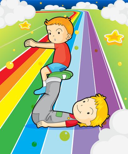 Twee jongens die bij de kleurrijke weg spelen vector