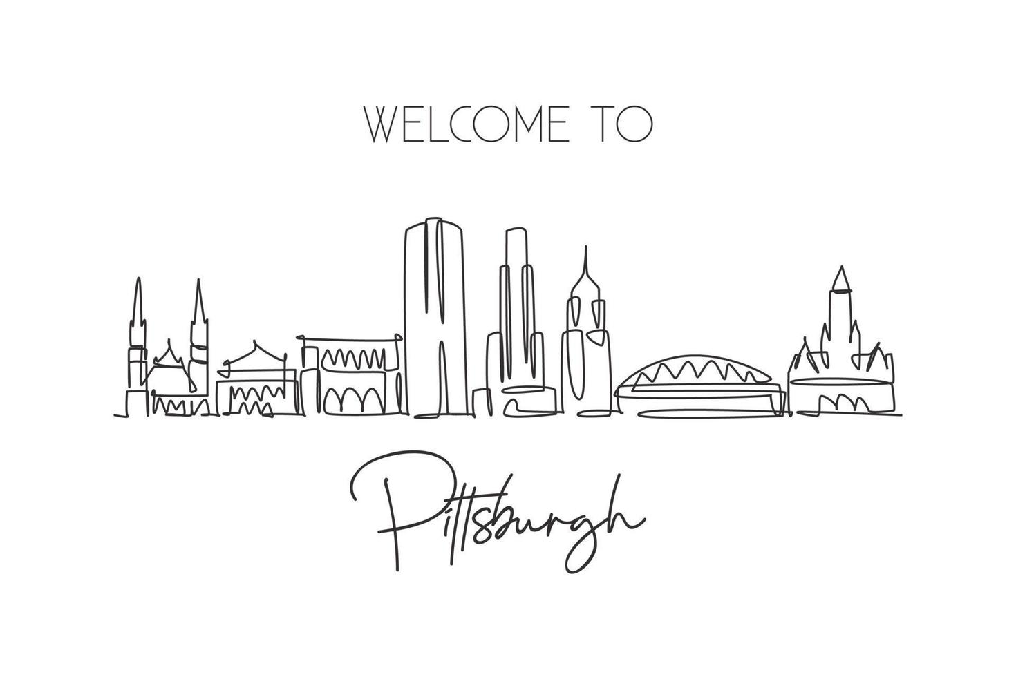 één enkele lijntekening van de skyline van de stad Pittsburgh, Pennsylvania. historisch stadslandschap in de wereld. beste vakantiebestemming. bewerkbare lijn trendy doorlopende lijn tekenen ontwerp vectorillustratie vector