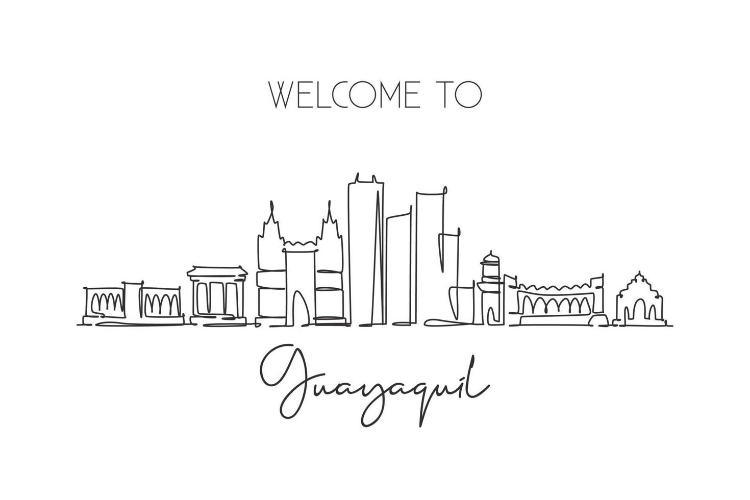 een enkele lijntekening guayaquil city skyline, ecuador. wereld historische stad landschap muur decor poster print. beste plaats vakantiebestemming. trendy doorlopende lijn tekenen ontwerp vectorillustratie vector