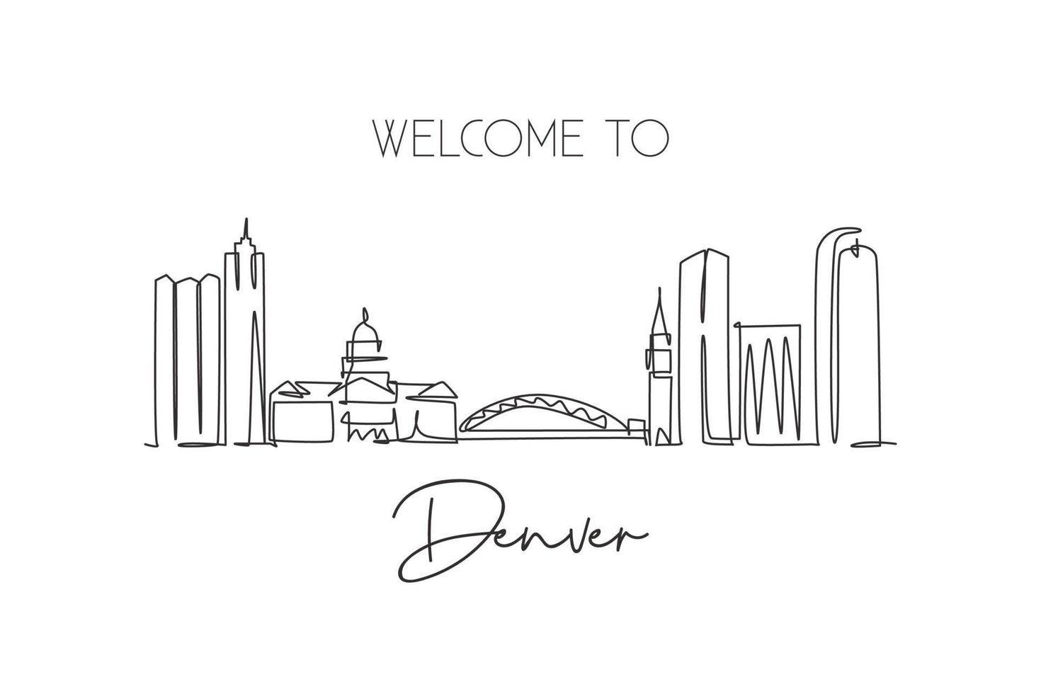 enkele doorlopende lijntekening van de skyline van de stad van denver, usa. beroemde stadskrabber en landschap. wereld reizen concept home decor kunst aan de muur poster afdrukken. moderne één lijn tekenen ontwerp vectorillustratie vector