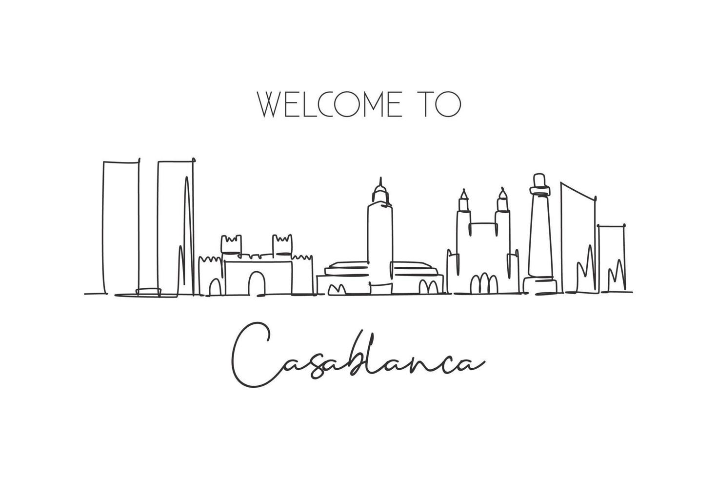 een doorlopende lijntekening van de skyline van de stad van casablanca, marokko. mooie monumentale muur decor poster. wereld landschap toerisme en reizen vakantie. stijlvolle enkele lijn tekenen ontwerp vectorillustratie vector