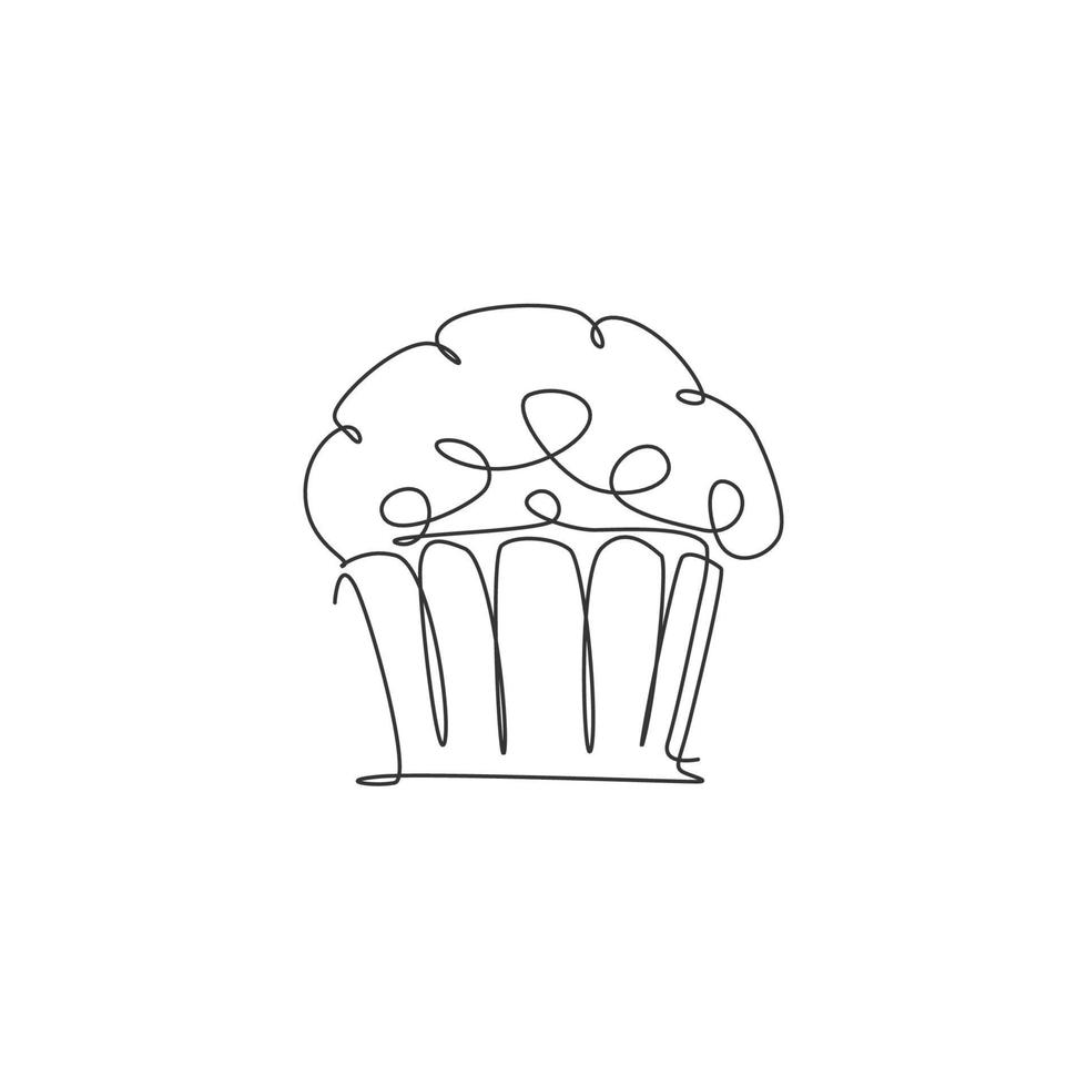 enkele doorlopende lijntekening van gestileerde gebakken muffin cake online winkel logo label. embleem gebak concept. moderne één lijntekening ontwerp vectorillustratie voor café, winkel of voedselbezorgservice vector