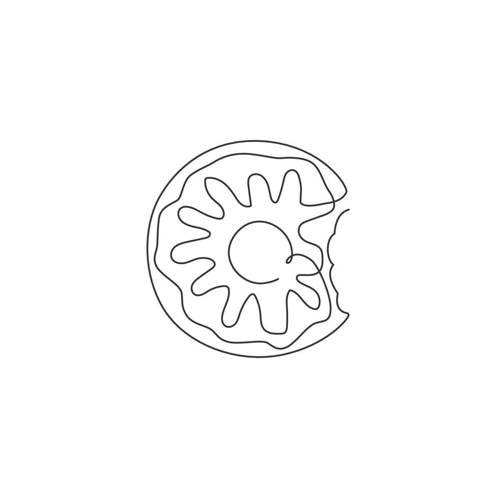 een enkele lijntekening van verse zoete donuts winkel logo grafische vectorillustratie. donut fastfood café menu en restaurant badge concept. modern doorlopende lijntekening ontwerp straatvoedsel logotype vector