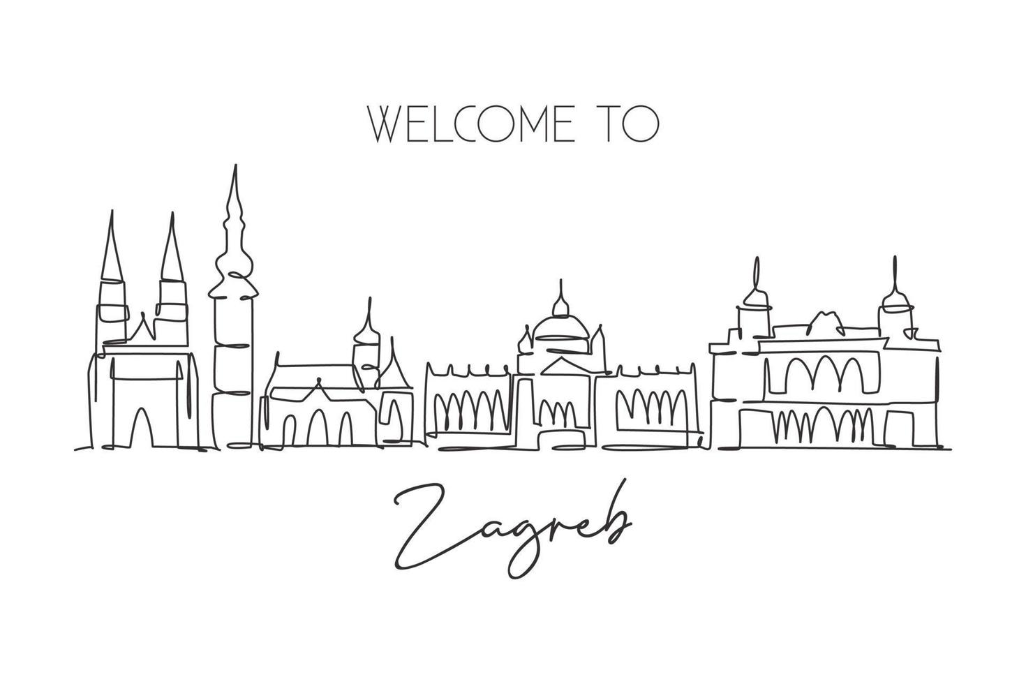 een doorlopende lijntekening van de skyline van de stad zagreb, kroatië. mooi oriëntatiepunt. wereld landschap toerisme reizen vakantie muur decor poster print. stijlvolle enkele lijn tekenen ontwerp vectorillustratie vector