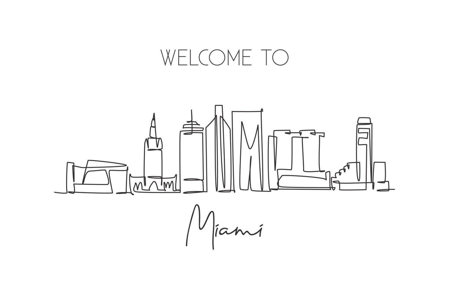 een enkele lijntekening skyline van de stad Miami, Verenigde Staten. historisch stadslandschap. beste vakantiebestemming thuis muur decor poster print kunst. trendy doorlopende lijn tekenen ontwerp vectorillustratie vector