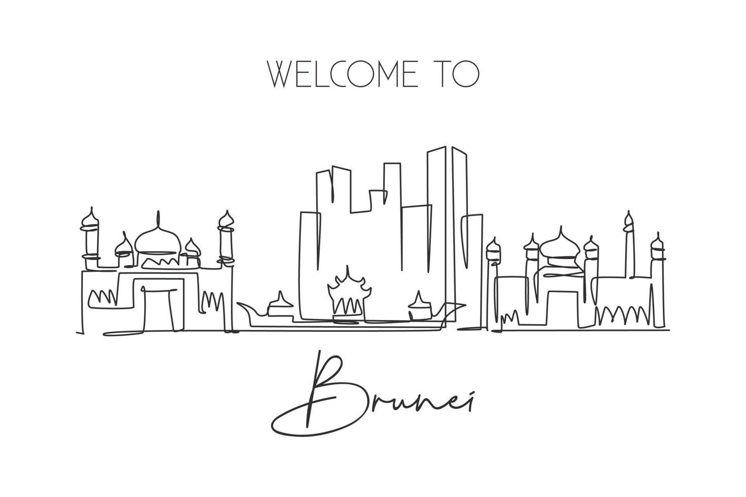 één enkele lijntekening van de skyline van de stad Bandar Seri Begawan, Brunei Darussalam. stadslandschap ter wereld. beste vakantiebestemming. bewerkbare lijn doorlopende lijn tekenen ontwerp vectorillustratie vector