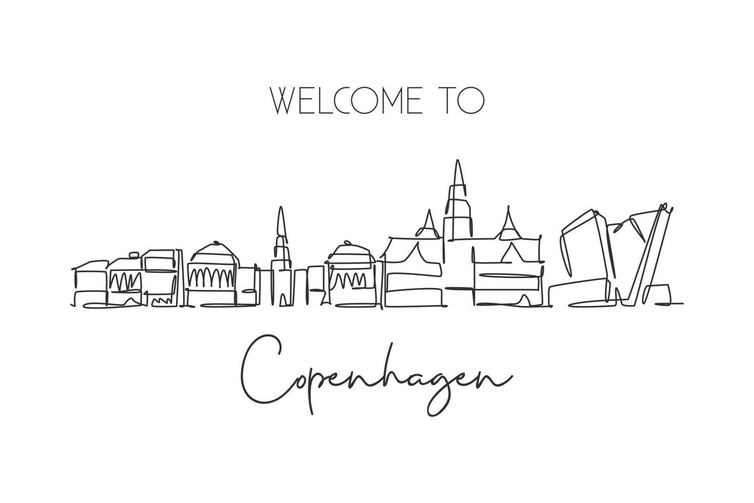 één enkele lijntekening de skyline van de stad Kopenhagen, Denemarken. historisch stadslandschap in de wereld. beste vakantiebestemming muur decor poster print. trendy doorlopende lijn tekenen ontwerp vectorillustratie vector