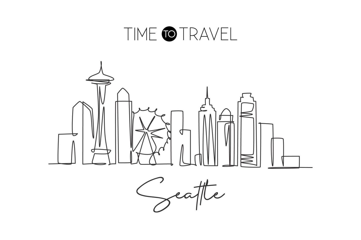 een doorlopende lijntekening van de skyline van Seattle, Verenigde Staten. mooi oriëntatiepunt. wereld landschap toerisme en reizen vakantie. bewerkbare stijlvolle lijn enkele lijn tekenen ontwerp vectorillustratie vector