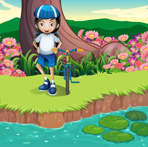 Een meisje en haar fiets aan de rivieroever vector