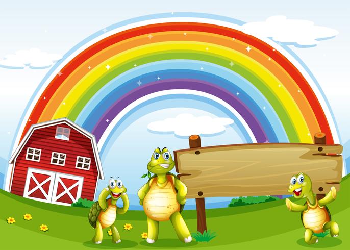 Drie schildpadden dichtbij het houten uithangbord en de regenboog vector