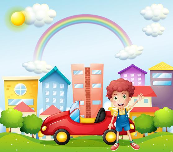 Een jongen en zijn rode auto bij de hoge gebouwen vector