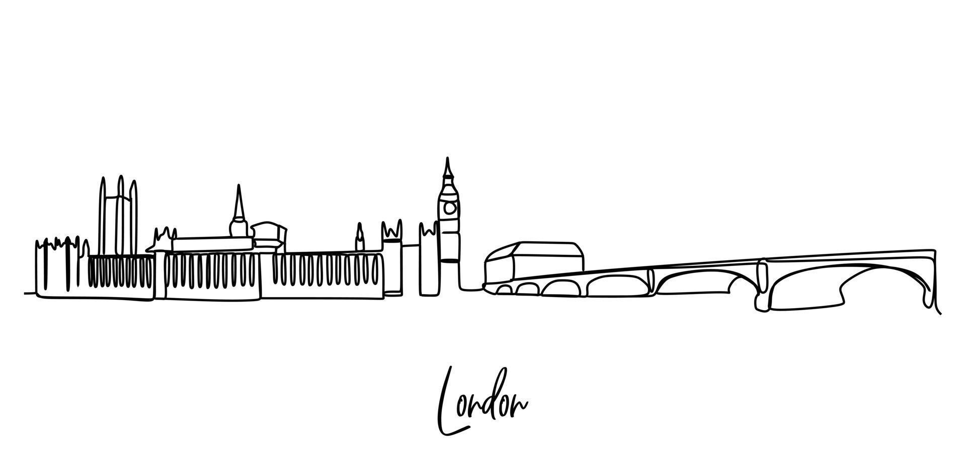 enkele doorlopende lijntekening van de skyline van Londen. beroemde stad wolkenkrabber landschap in de wereld. wereld reis campagne home muur decor poster concept. moderne één lijn tekenen ontwerp vectorillustratie vector
