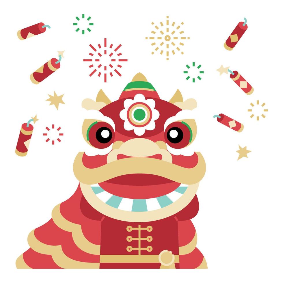 chinese leeuw dansen platte illustratie met vuur crackers en vuurwerk viering vector