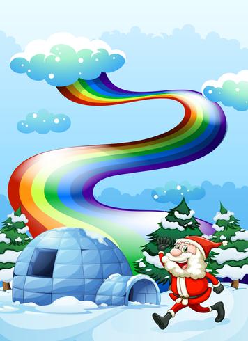 Een gelukkige Kerstman die dichtbij de iglo onder de regenboog loopt vector