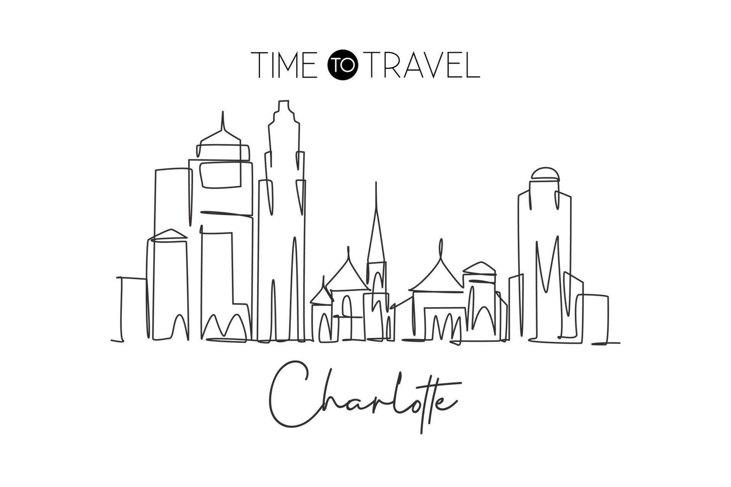 enkele doorlopende lijntekening van de skyline van de stad van Charlotte, Verenigde Staten. beroemde stadskrabber en landschap. wereld reizen concept home muur decor poster print kunst. moderne één lijn tekenen ontwerp vectorillustratie vector