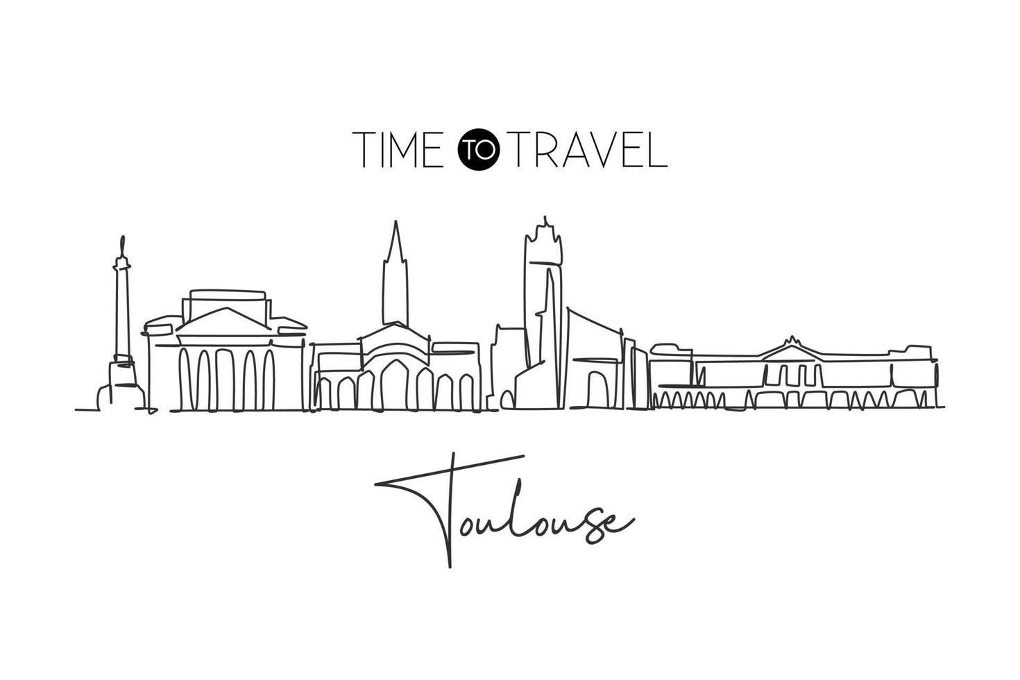 een enkele lijntekening van de skyline van de stad van toulouse, frankrijk. historisch wolkenkrabberlandschap in de wereld. beste vakantiebestemming muur decor poster. trendy doorlopende lijn tekenen ontwerp vectorillustratie vector