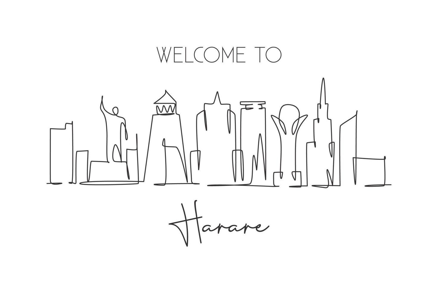 enkele doorlopende lijntekening van de skyline van de stad Harare, Zimbabwe. beroemde stad schraper landschap home decor kunst aan de muur poster print. wereld reizen concept. moderne één lijn tekenen ontwerp vectorillustratie vector