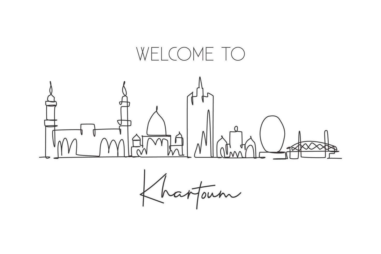 een doorlopende lijntekening van de skyline van de stad van khartoem, soedan. mooie monumentale muur decor poster print kunst. wereld landschap toerisme en reizen. stijlvolle enkele lijn tekenen ontwerp vectorillustratie vector