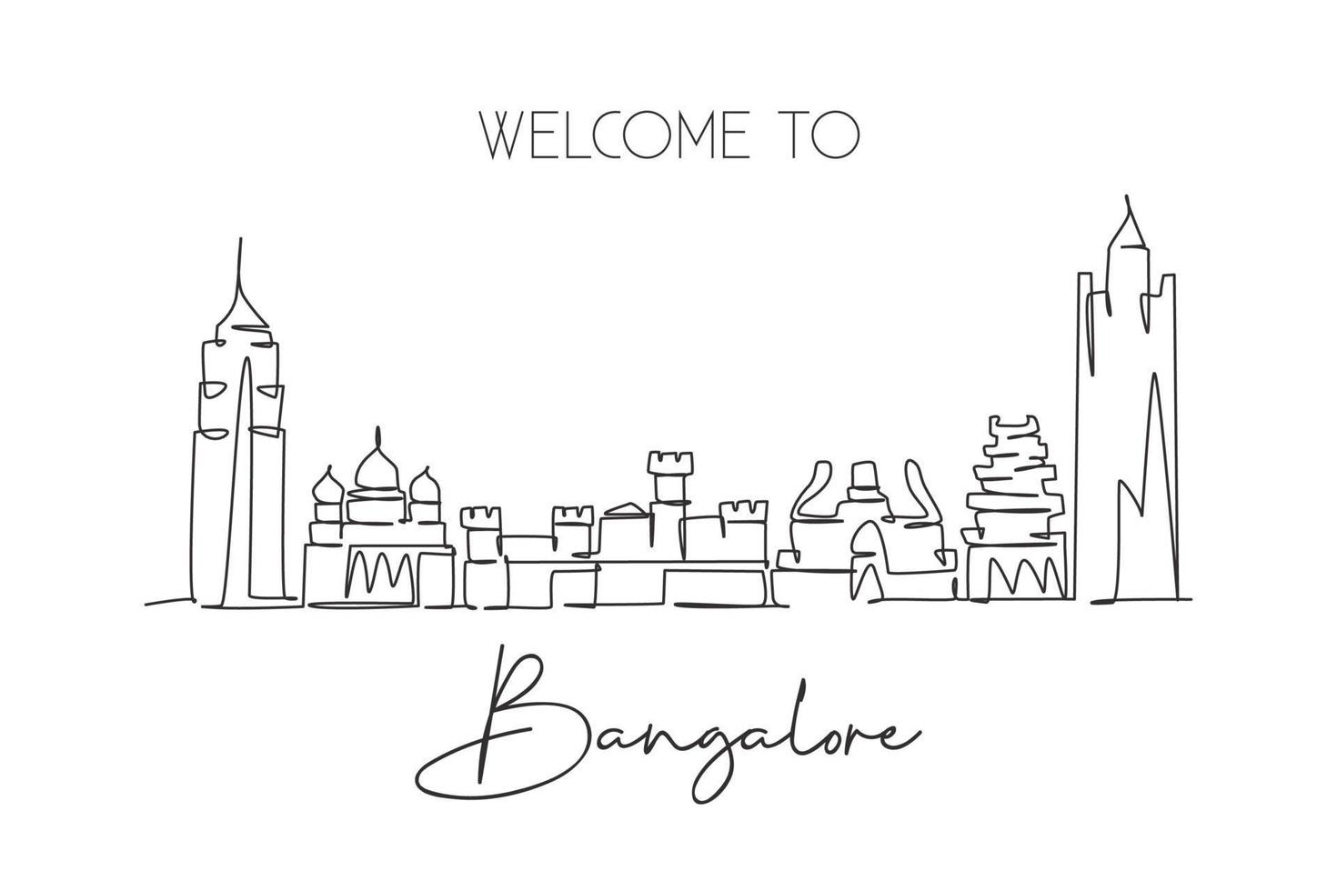 enkele doorlopende lijntekening skyline van de stad bangalore, india. beroemde stad schraper en landschap home decor kunst aan de muur poster print. wereld reizen concept. moderne één lijn tekenen ontwerp vectorillustratie vector