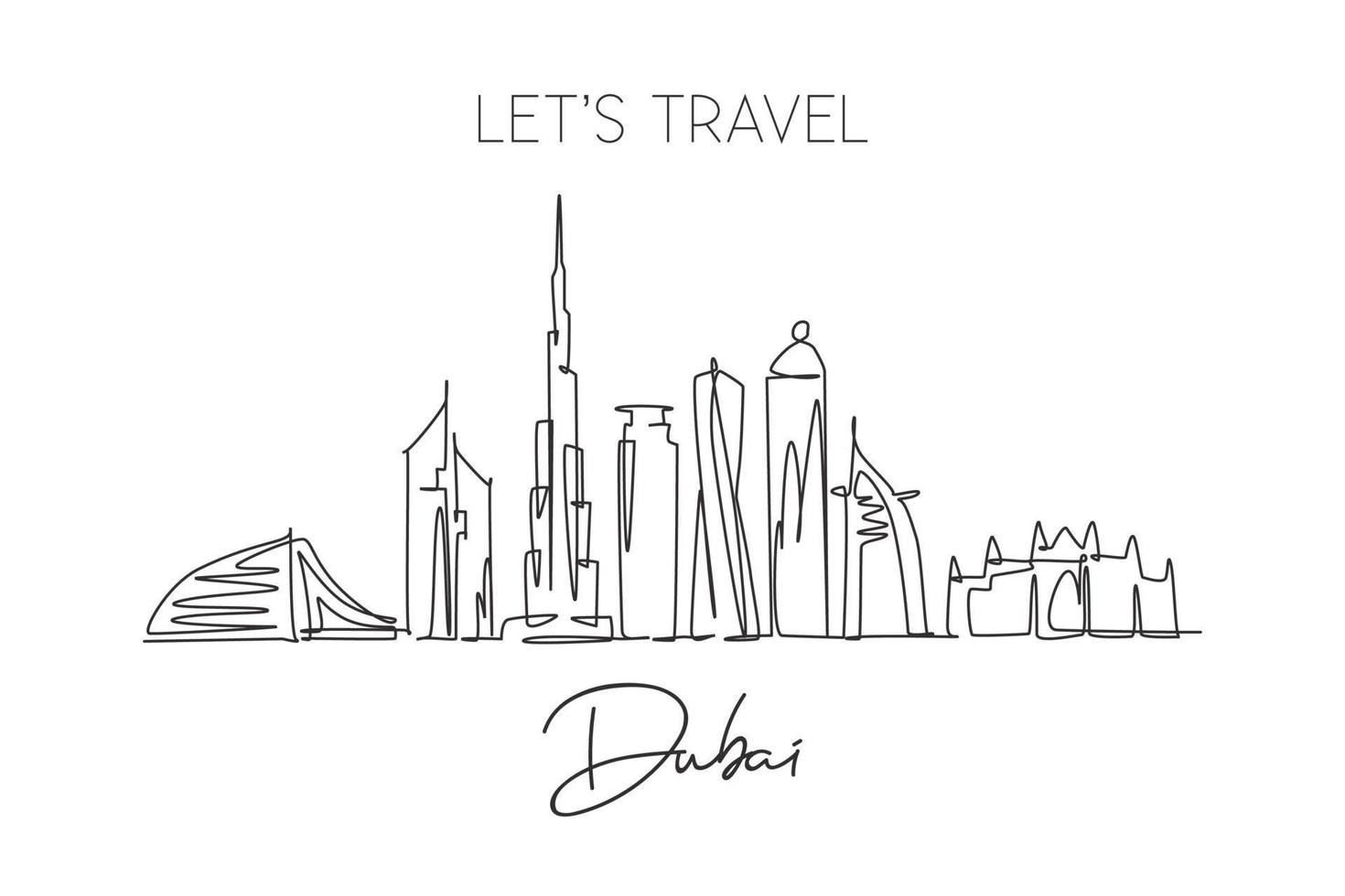 een enkele lijntekening van de skyline van Dubai, Verenigde Arabische Emiraten. historisch landschap ansichtkaart kunst. beste vakantiebestemming. bewerkbare lijn trendy doorlopende lijn tekenen ontwerp vectorillustratie vector