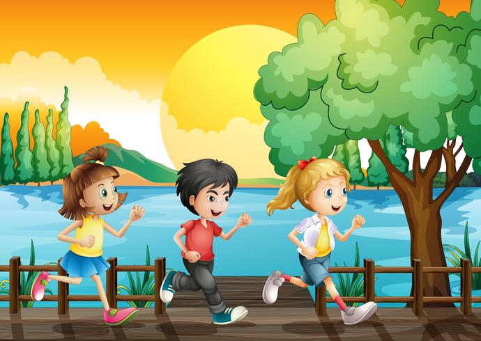 Drie kinderen rennen in de haven vector