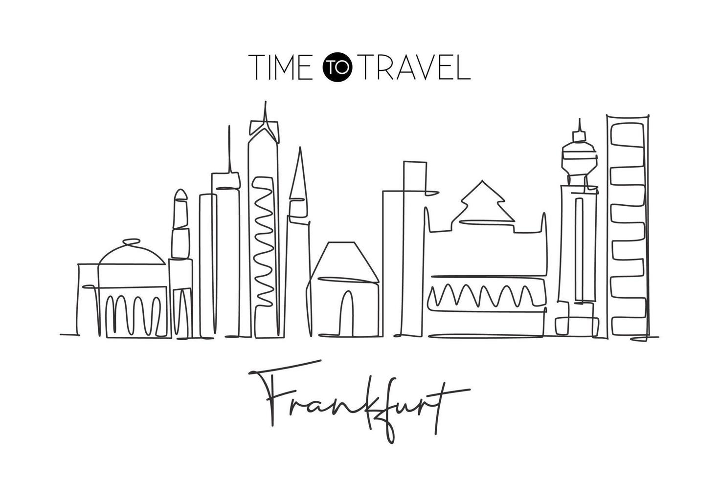 één enkele lijntekening de skyline van de stad van frankfurt, duitsland. historisch wolkenkrabberlandschap in de wereld. beste vakantie muur decor poster bestemming. trendy doorlopende lijn tekenen ontwerp vectorillustratie vector