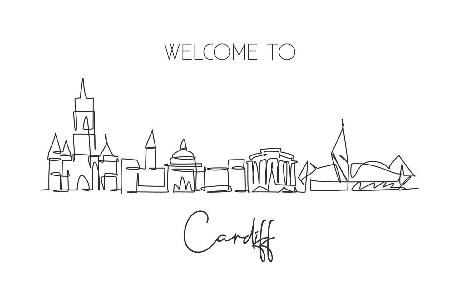 een doorlopende lijntekening van de skyline van de stad van Cardiff, Wales. mooi oriëntatiepunt. wereld landschap toerisme reizen vakantie wand decor poster print art. stijlvolle enkele lijn tekenen ontwerp vectorillustratie vector