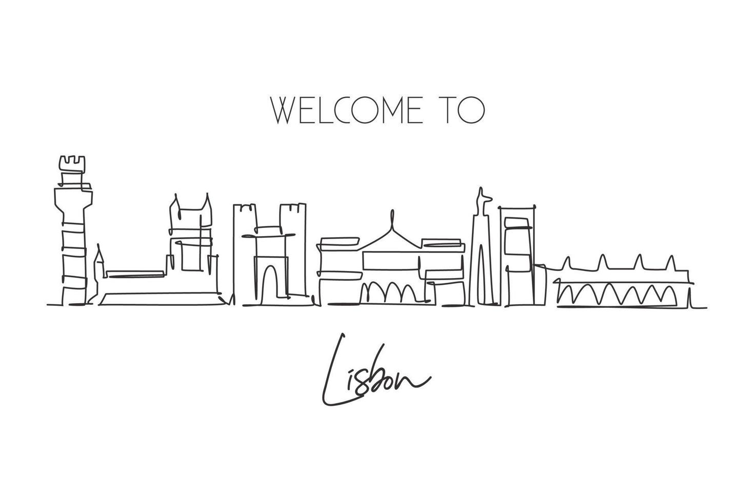 één enkele lijntekening van de skyline van de stad van Lissabon, Portugal. historisch stadslandschap in de wereld. beste vakantiebestemming thuis kunst muur decor poster print. doorlopende lijn tekenen ontwerp vectorillustratie vector