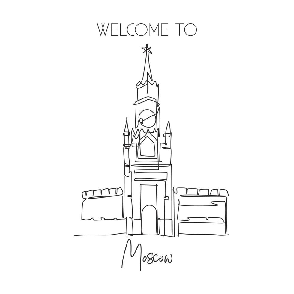 een enkele lijntekening spasskaya toren landmark. wereldberoemde plaats in moskou, rusland. toerisme reizen briefkaart muur decor poster print concept. moderne doorlopende lijn tekenen ontwerp vectorillustratie vector