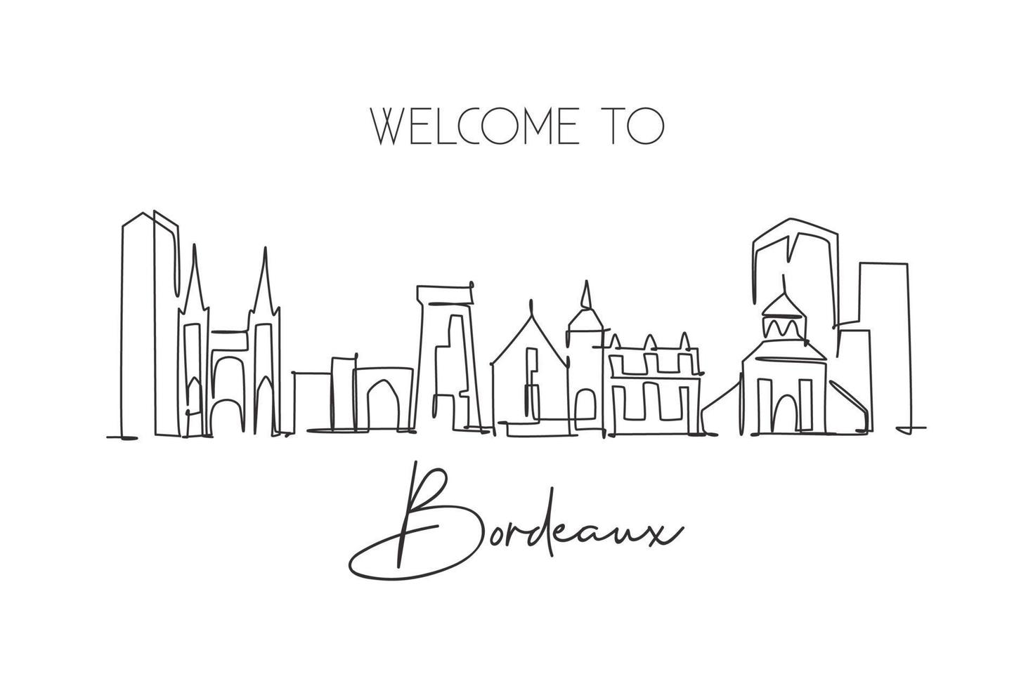 één enkele lijntekening van de skyline van de stad van Bordeaux, Frankrijk. historisch wolkenkrabberlandschap in de wereld. beste vakantie huis muur decor poster kunst bestemming. doorlopende lijn tekenen ontwerp vectorillustratie vector