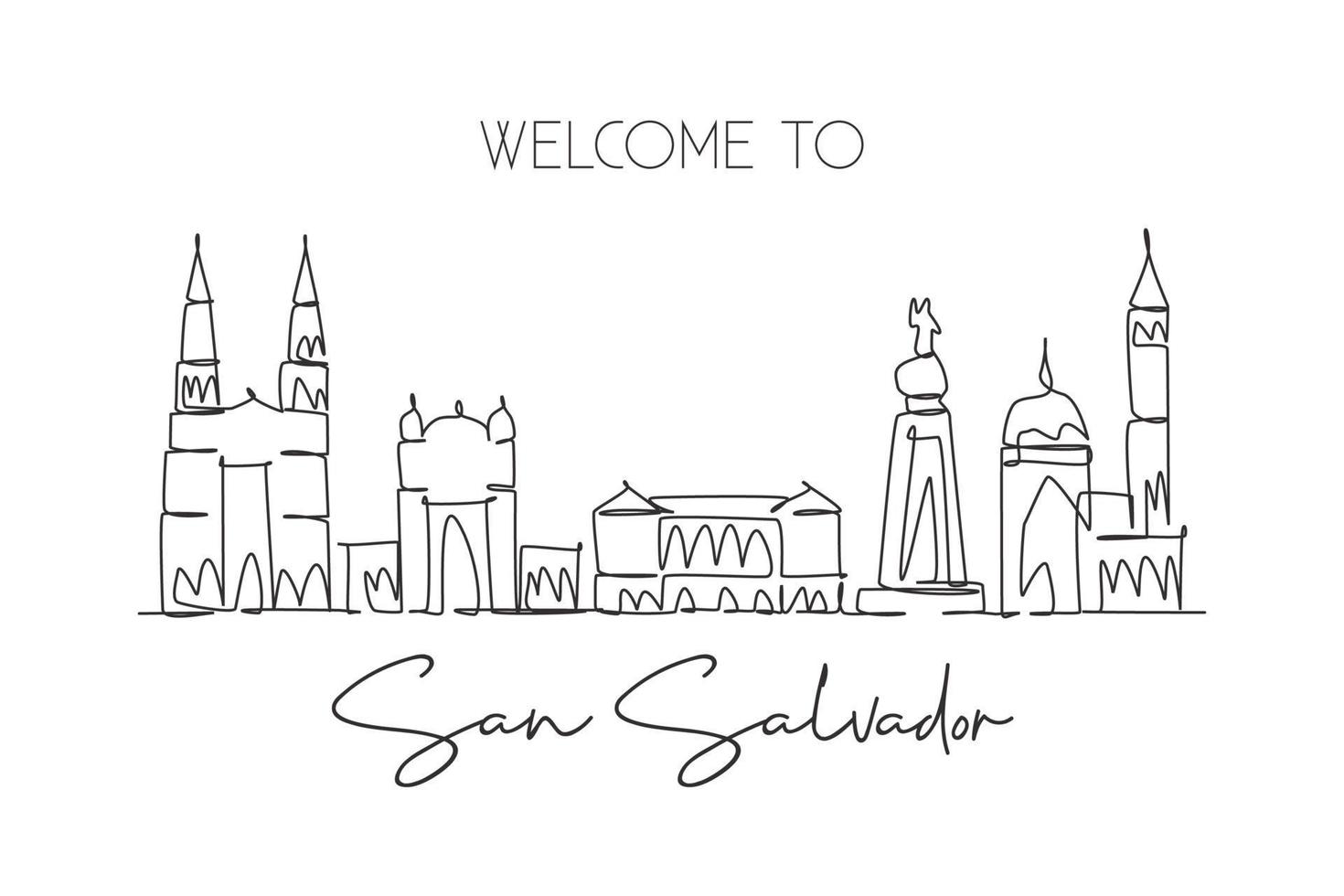 een doorlopende lijntekening de skyline van de stad van san salvador, el salvador. mooie historische ansichtkaart. wereld landschap toerisme reizen vakantie. bewerkbare lijn enkele lijn tekenen ontwerp vectorillustratie vector