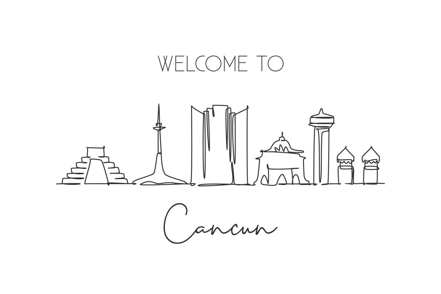 een doorlopende lijntekening cancun city skyline, mexico. mooie historische ansichtkaart. wereld landschap toerisme en reizen vakantie. bewerkbare stijlvolle lijn enkele lijn tekenen ontwerp vectorillustratie vector