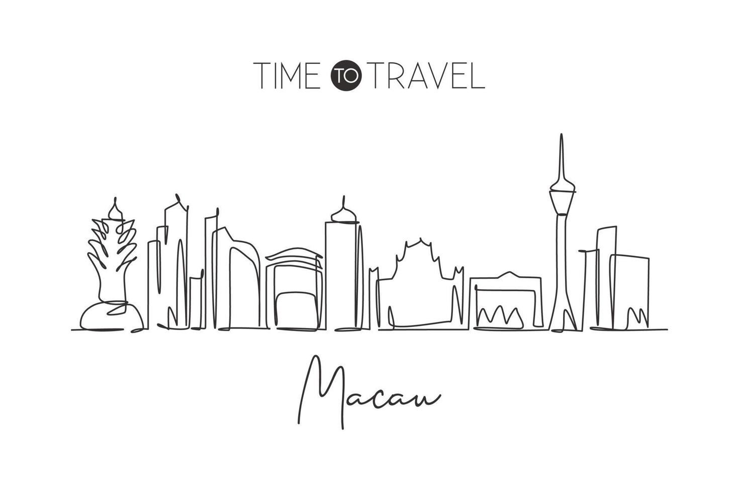 enkele doorlopende lijntekening van de skyline van de stad van macau, china. beroemde stad schraper en landschap thuis muur decor art poster print. wereld reizen concept. moderne één lijn tekenen ontwerp vectorillustratie vector