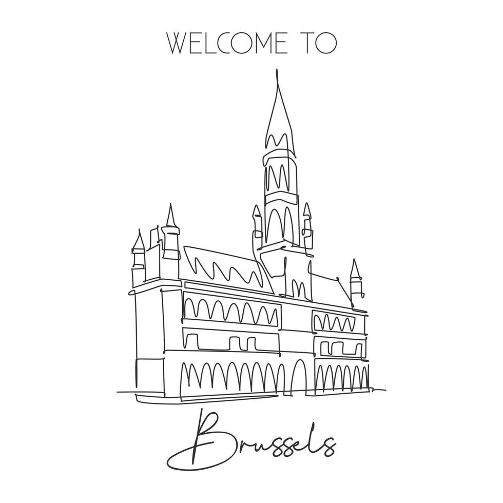 enkele doorlopende lijntekening grand place of brussel landmark. mooiste bekende plaats in belgie. wereld reizen huis muur decor poster concept. eenvoudige één lijn tekenen ontwerp vectorillustratie vector