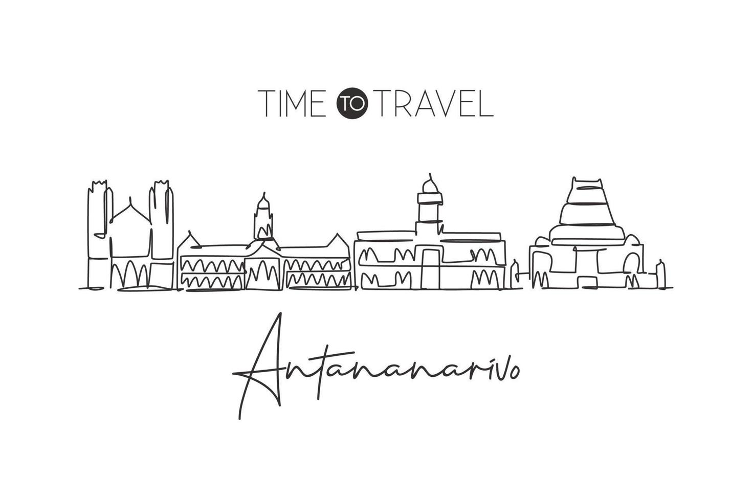 een enkele lijntekening antananarivo skyline van de stad, madagaskar. historische plaats landschap ansichtkaart. beste vakantiebestemming muur decor poster. trendy doorlopende lijn tekenen ontwerp vectorillustratie vector