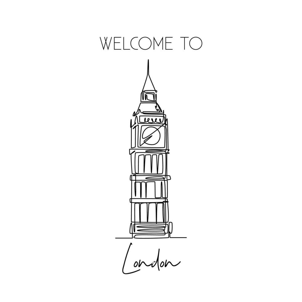 een doorlopende lijntekening van welkom bij de klokkentoren van de Big Ben. prachtige iconische plek in Londen. home decor kunst aan de muur poster print concept. moderne enkele lijn tekenen ontwerp vectorillustratie vector