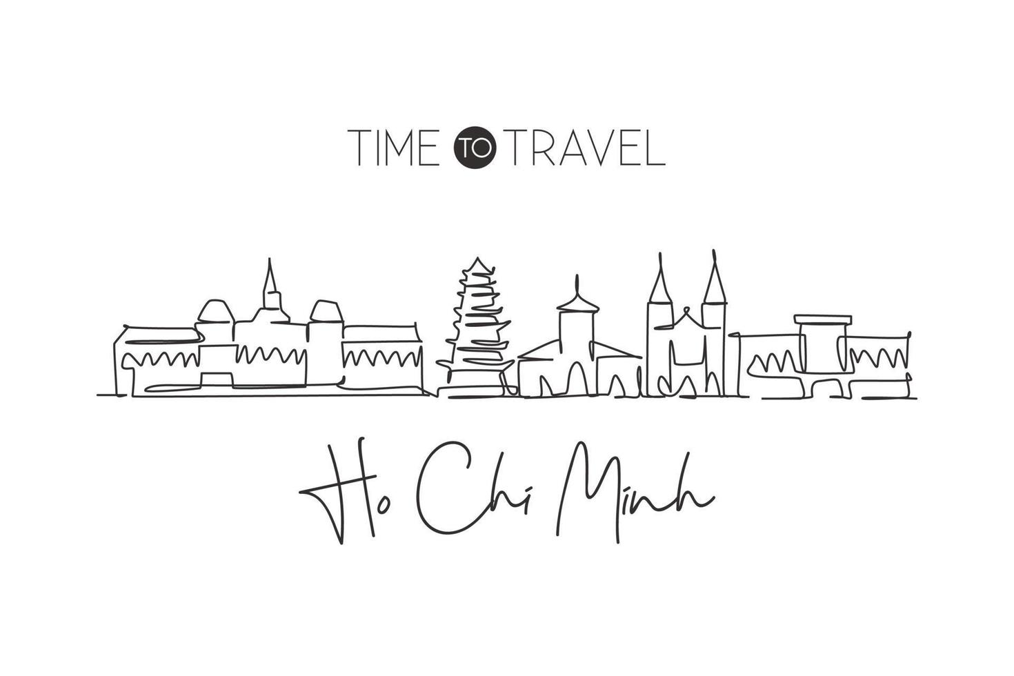 een enkele lijntekening ho chi minh city skyline, vietnam. wereld stad landschap home decor kunst aan de muur poster afdrukken. beste plaats vakantiebestemming. trendy doorlopende lijn tekenen ontwerp vectorillustratie vector