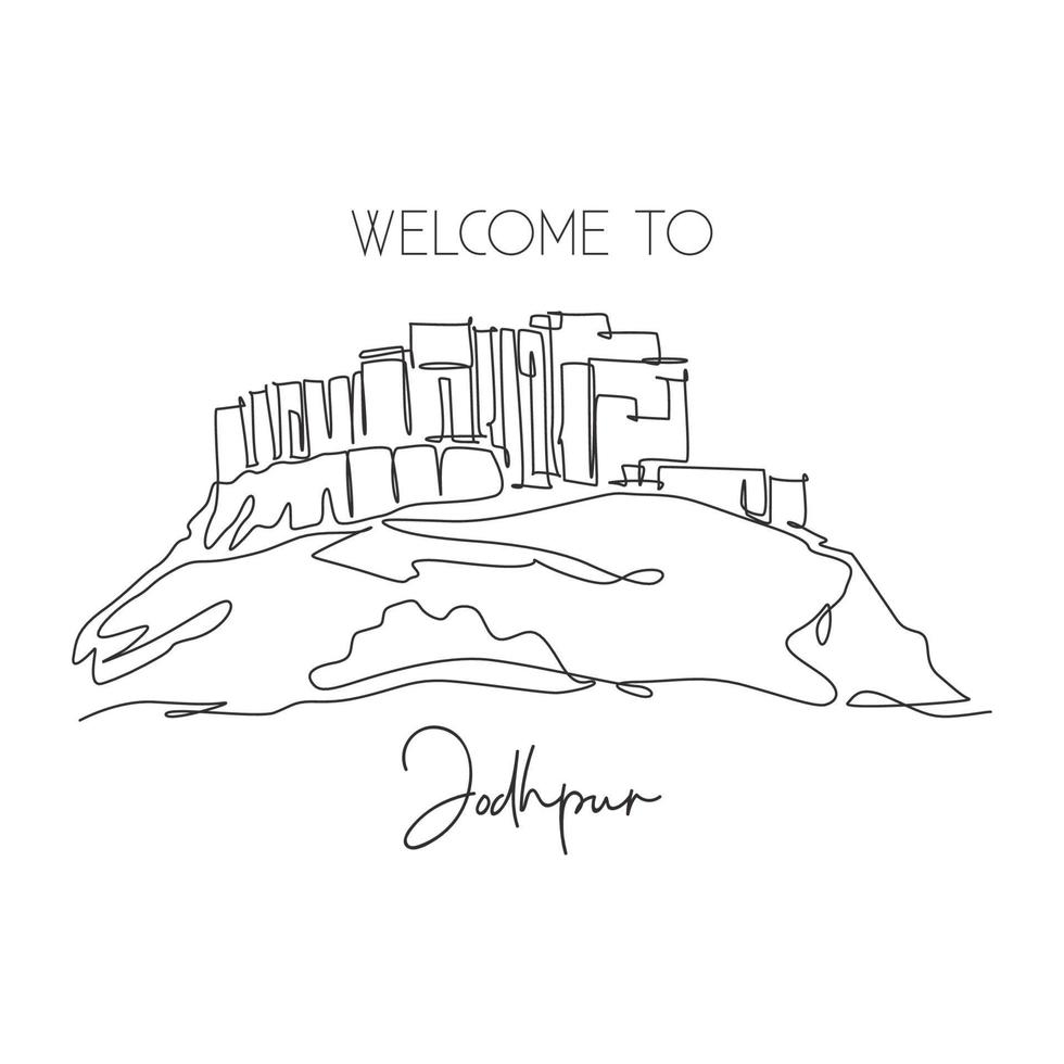 enkele doorlopende lijntekening mehrangarh fort landmark. mooiste plek in jodhpur, india. wereld reizen home decor kunst aan de muur poster print concept. moderne één lijn tekenen ontwerp vectorillustratie vector