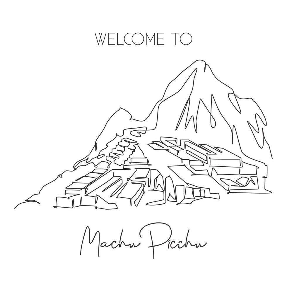 enkele doorlopende lijntekening machu picchu landmark. prachtige beroemde plaats in de regio cusco, peru. wereld reizen tour home decor kunst aan de muur poster concept. moderne één lijn tekenen ontwerp vectorillustratie vector