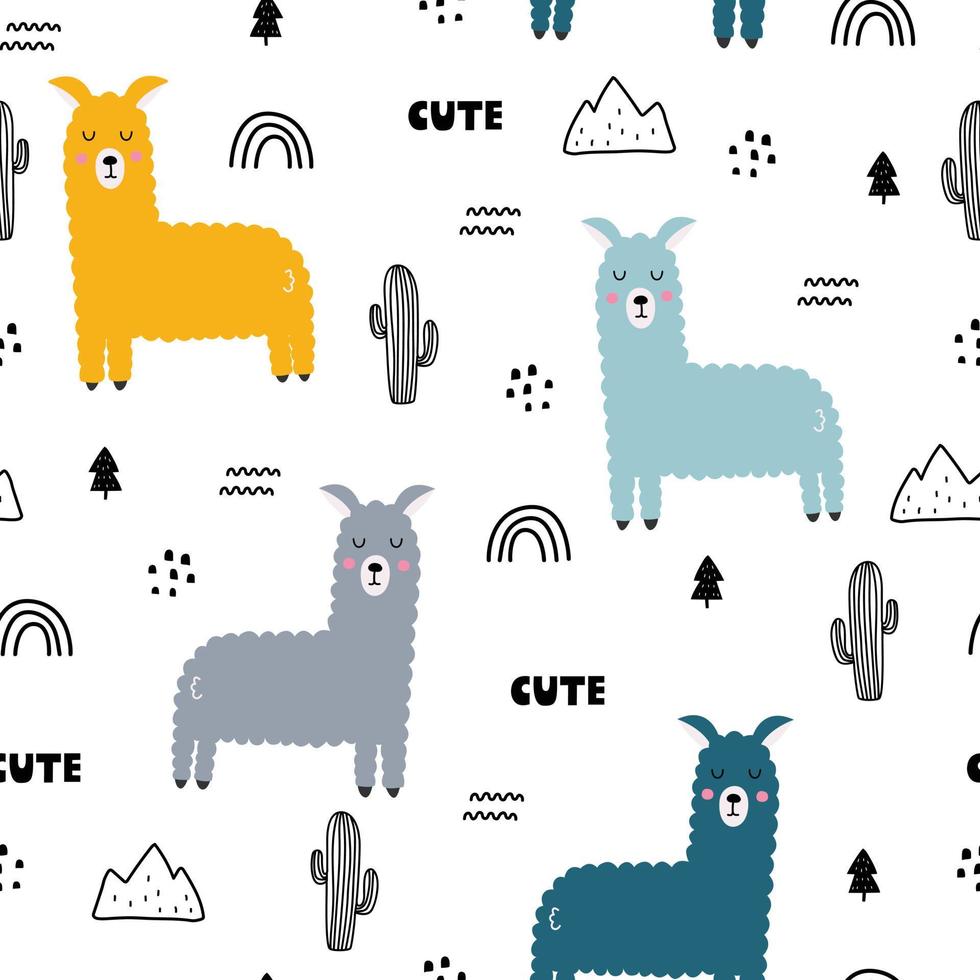 cartoon dierlijke achtergrond voor kinderen naadloze patroon baby met lama en cactus kinderen stijl hand getekende ontwerp. gebruikt voor stof, textiel, behangprint, decoratie vector
