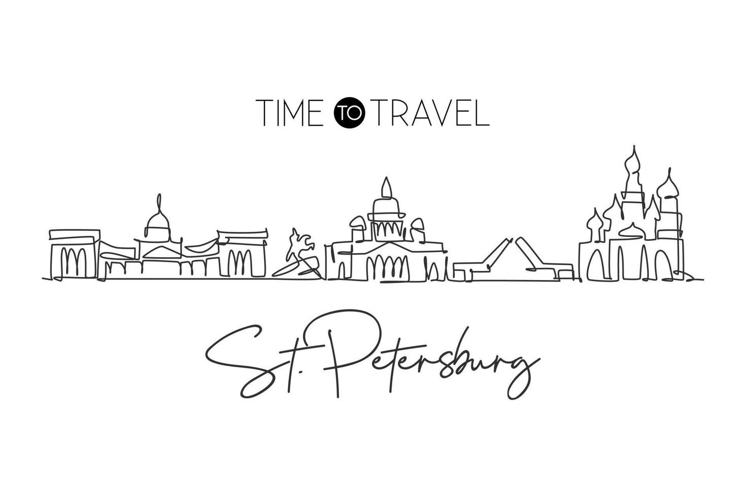 één enkele lijntekening van stad st. petersburg skyline, rusland. historisch stadslandschap in de wereld. beste vakantiebestemming muur decor poster. trendy doorlopende lijn tekenen ontwerp vectorillustratie vector