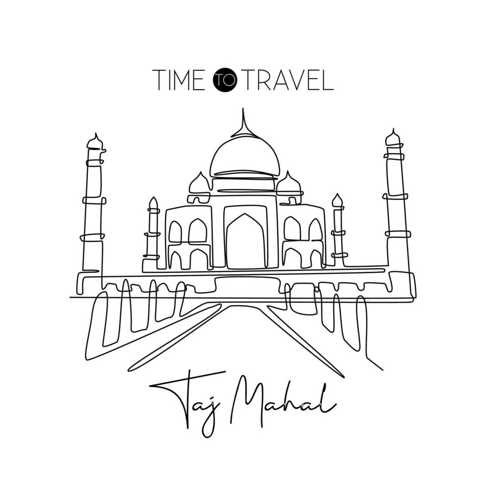 enkele doorlopende lijntekening Taj Mahal landmark. historische schoonheid iconische plek in agra, india. wereld reizen home decor kunst aan de muur poster print concept. moderne één lijn tekenen ontwerp vectorillustratie vector