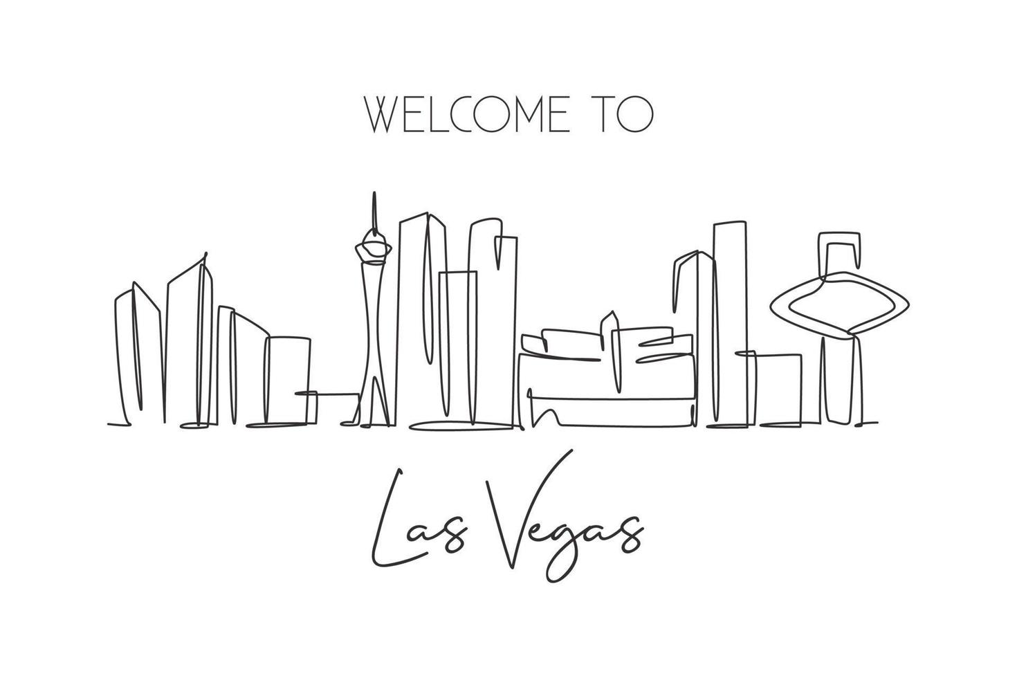 enkele doorlopende lijntekening van de skyline van de stad van Las Vegas, Verenigde Staten. beroemde stadskrabber en landschap. wereld reizen concept poster print kunst. bewerkbare lijn moderne één lijn tekenen ontwerp vectorillustratie vector