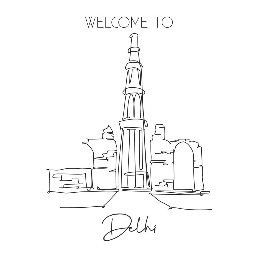 een ononderbroken lijntekening qutub minar moskee landmark. heilige islamitische plaats in delhi, india. vakantie vakantie huis muur decor poster print concept. moderne enkele lijn tekenen ontwerp vectorillustratie vector