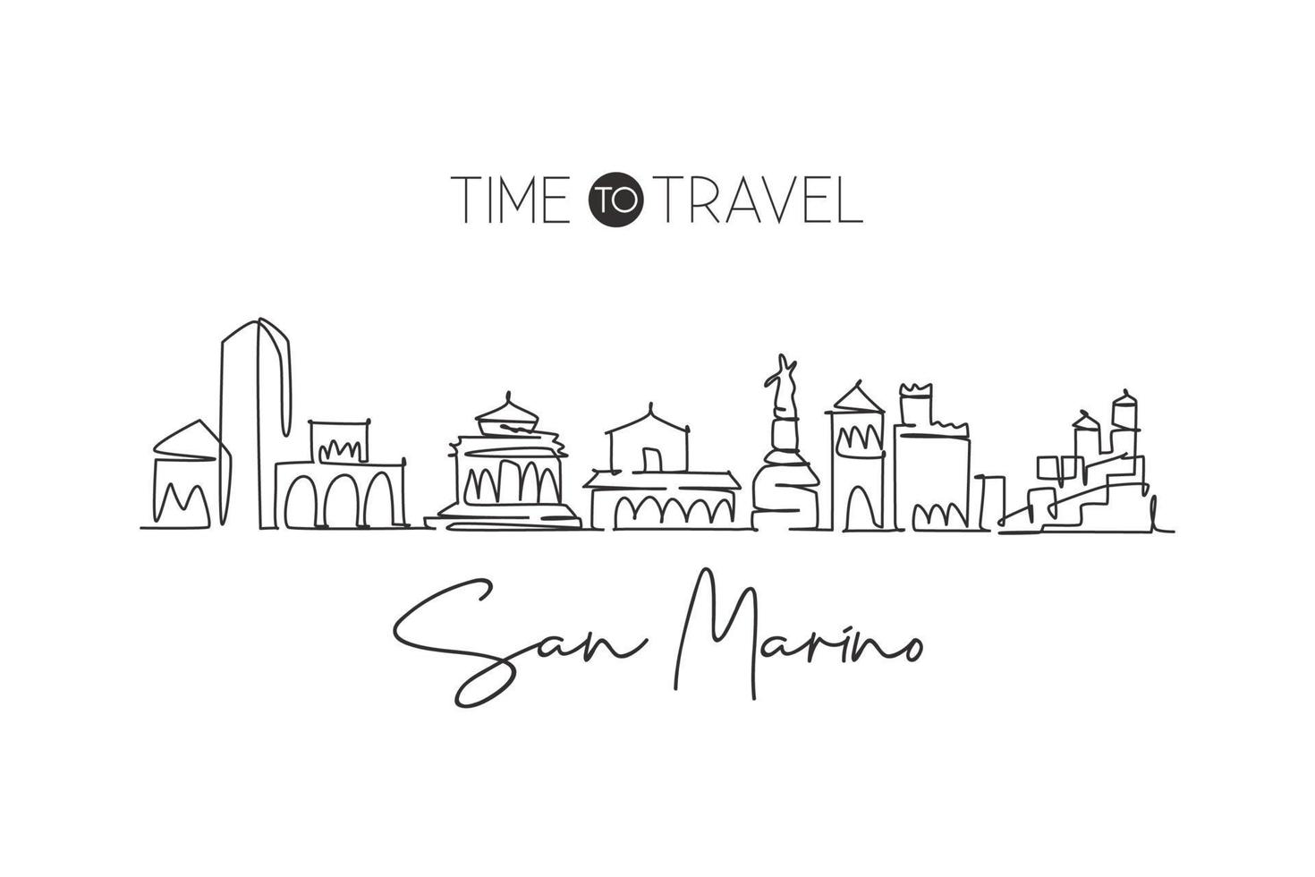 enkele doorlopende lijntekening san marino skyline van de stad, san marino. beroemde stad schraper landschap. wereld reisbestemming briefkaart. bewerkbare lijn moderne één lijn tekenen ontwerp vectorillustratie vector