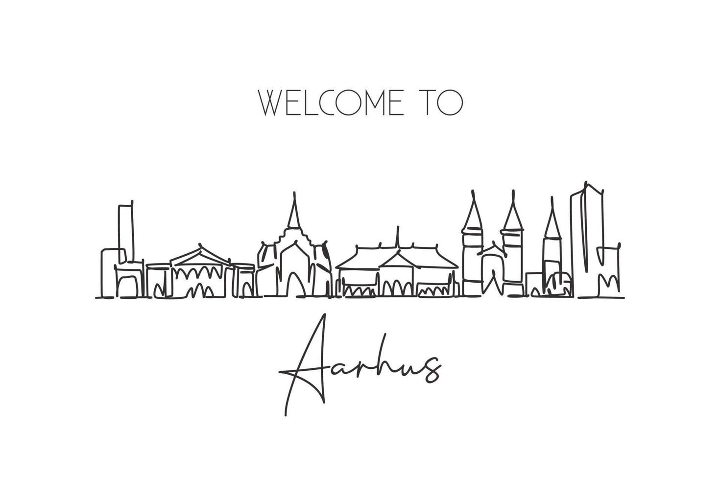 een enkele lijntekening aarhus skyline van de stad, denemarken. wereld historische stad landschap briefkaart. beste plaats vakantiebestemming. bewerkbare lijn trendy doorlopende lijn tekenen ontwerp vectorillustratie vector