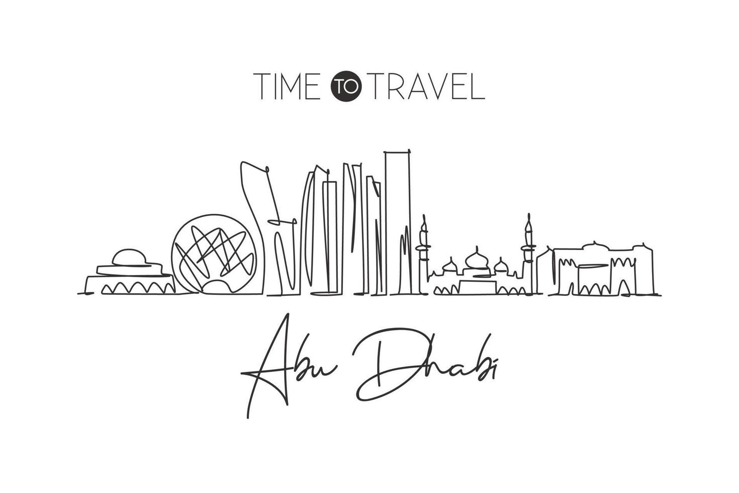 een enkele lijntekening abu dhabi skyline van de stad, verenigde arabische emiraten. historisch landschap home decor kunst aan de muur poster print. beste vakantiebestemming. doorlopende lijn tekenen ontwerp vectorillustratie vector