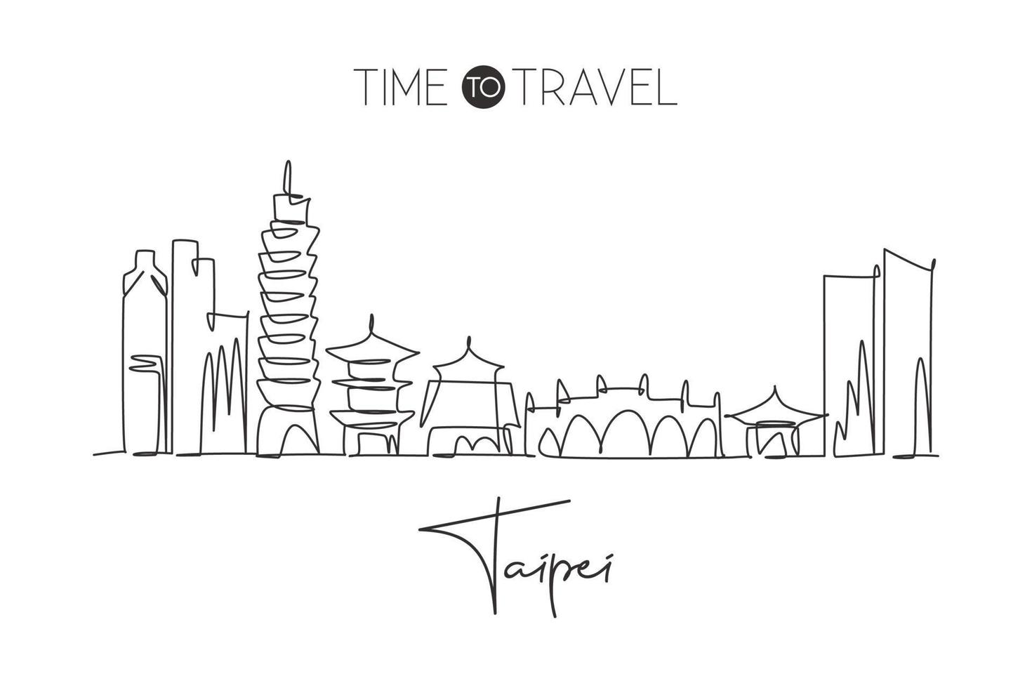 enkele doorlopende lijntekening van de skyline van de stad van taipe, taiwan. beroemde stad schraper en landschap thuis muur decor art poster print. wereld reizen concept. moderne één lijn tekenen ontwerp vectorillustratie vector